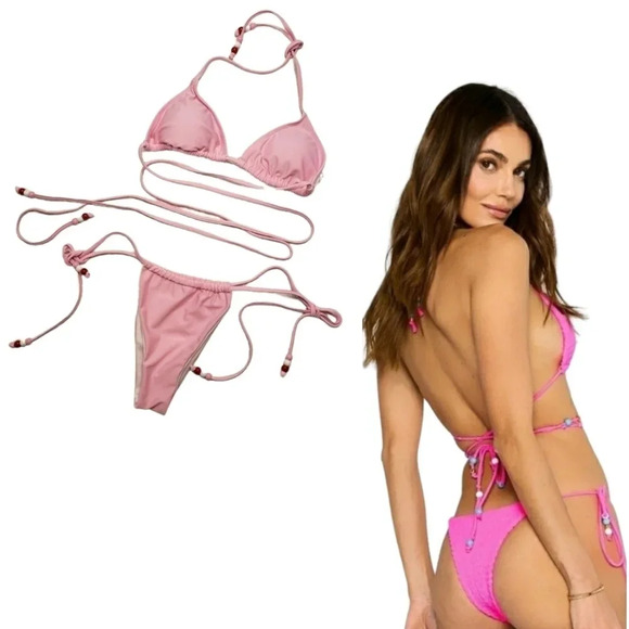 2/$25-Bikini NWOT 90S Inspired Barbiecore Beaded Bubblegum Pink Triangle Tie Up - Picture 1 of 11
